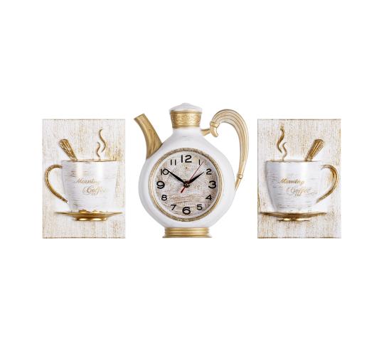 Фото 11 2622+2-002 Комплект, часы настенные чайник 26,5х24см+2 чашки, корпус белый с золотом "Классика" 2022